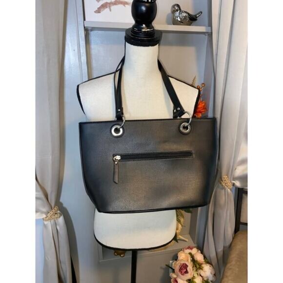 Nicole Miller New York Black W/ Silver Logo Zipper Pockets Top Handles Handbag - Picture 1 of 12